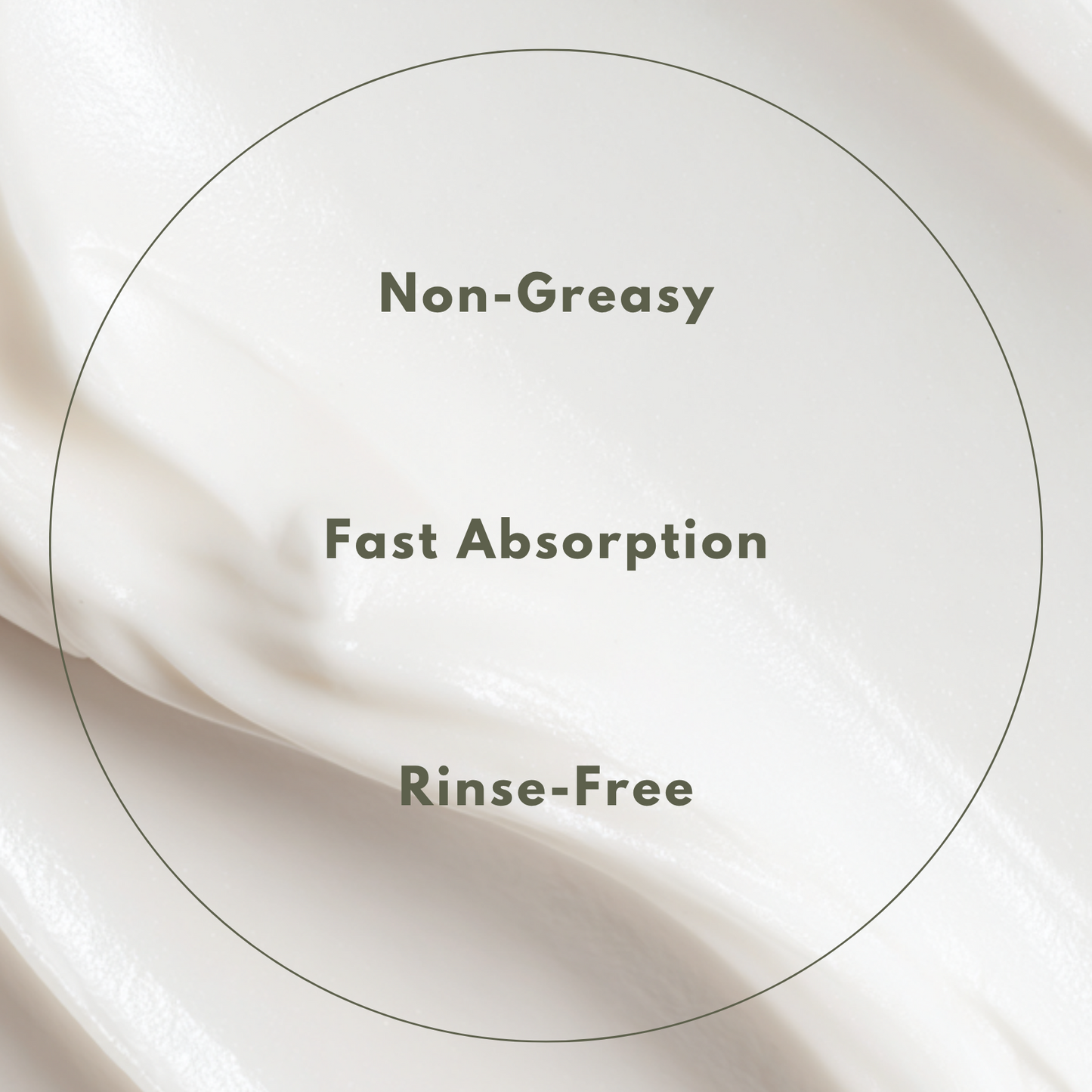 Text 'Non-Greasy', 'Fast Absorption', 'Rinse-Free' on a white background with a circular design.