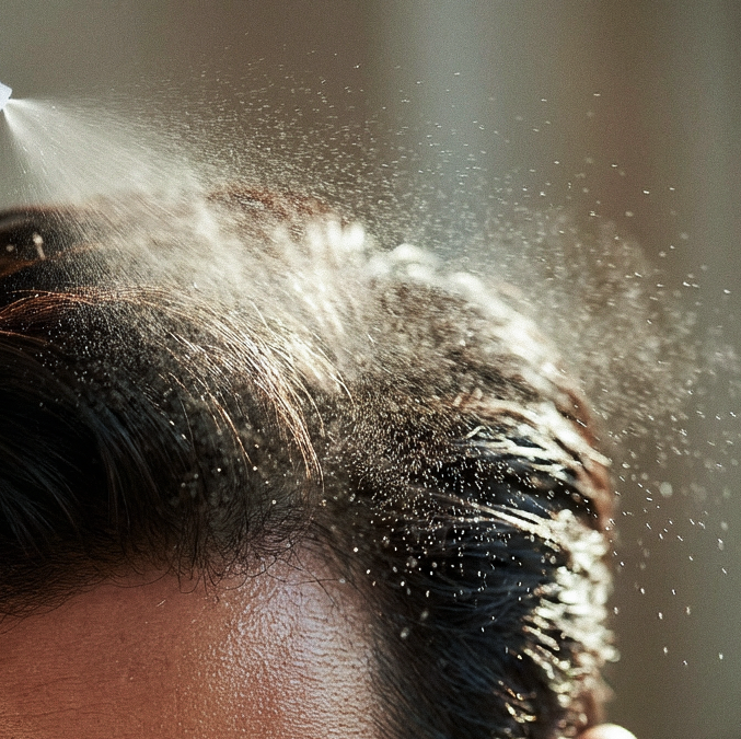 Man applying sea salt spray at the roots of fine hair