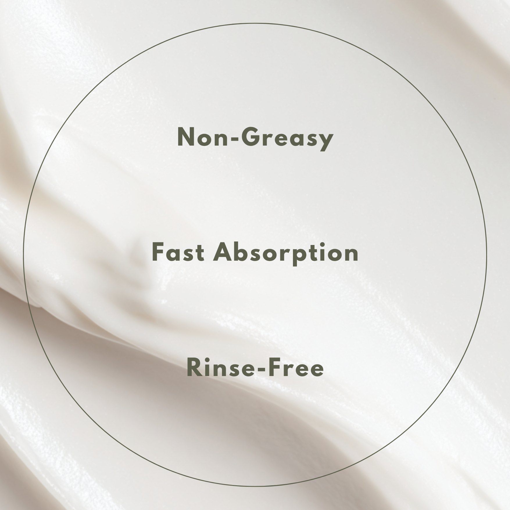 Text 'Non-Greasy', 'Fast Absorption', 'Rinse-Free' on a white background with a circular design.