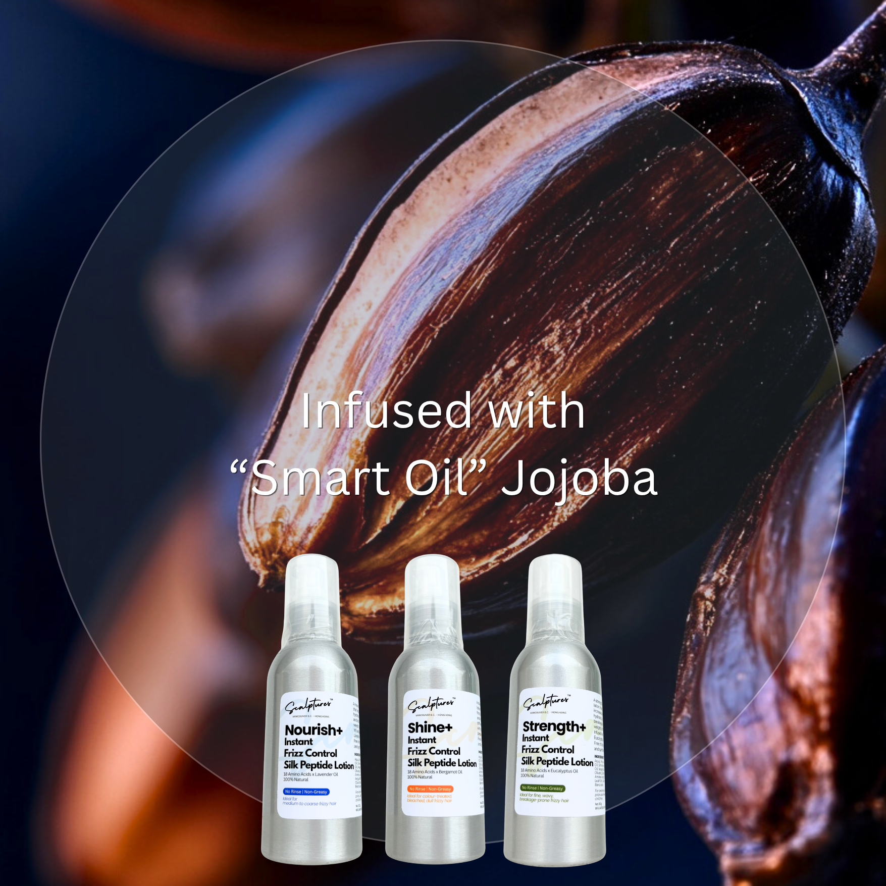Jojoba oil bottle with jojoba seed and text 'Infused with Smart Oil Jojoba' on a dark background