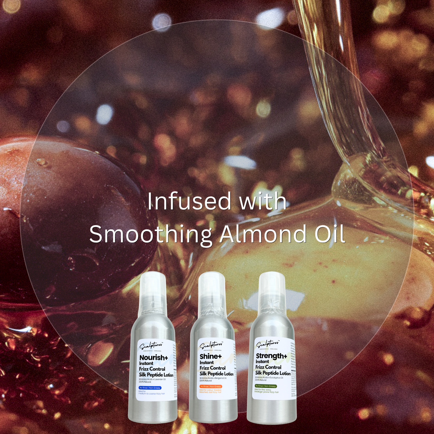 Three bottles of skincare products with a background of almonds and almond oil.