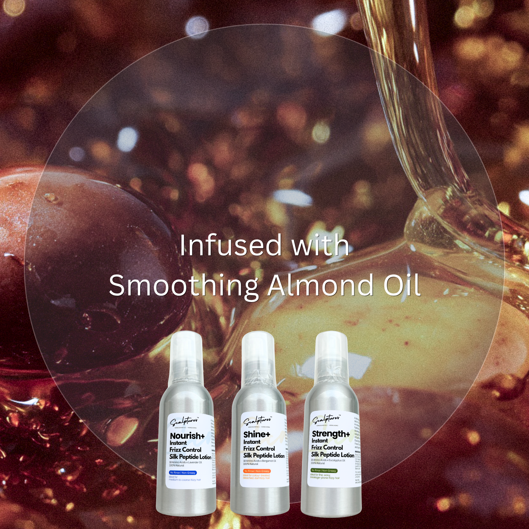Three bottles of skincare products with a background of almonds and almond oil.