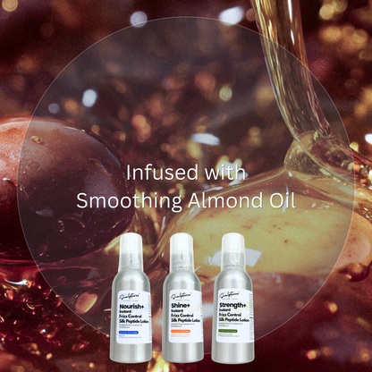 Three bottles of skincare products with a background of almonds and almond oil.