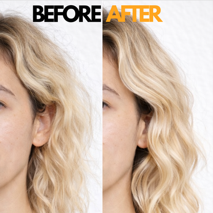 Before and after comparison of blonde hair with a product advertisement for Scalptures Shine Silk Peptide Frizz Control Lotion.